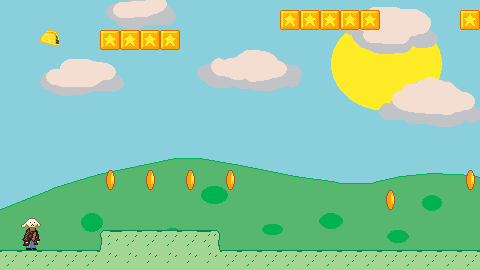 gameplay of a yellow puppgirl in a trenchcoat jumping around a meadow
